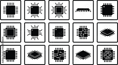 Photos Computer chip icon set, 15 black microchip vector symbols, electronic processor