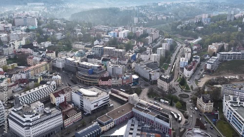 Aerial Drone View of Liberec City Center with Fugnerova Transport Hub, Czech Republic