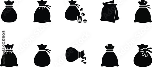 Bild auf Leinwand Black money bag icons set, 10 sack vector silhouettes with gold coins, financial