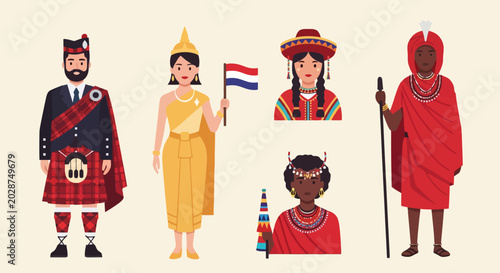 Diverse group of people in traditional attire representing various cultures.