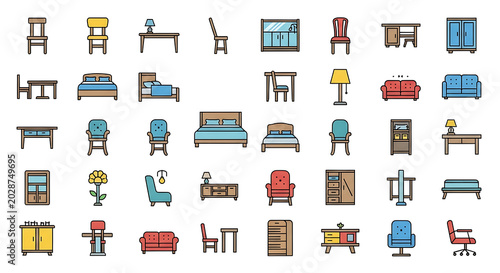 Flat set of various household and appliances in multiple colors home kitchen furniture
