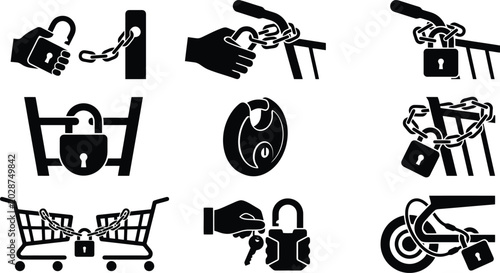 Canvastavla Black padlock and chain icon set, shopping cart security symbols, retail anti-th