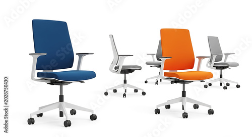 Isometric of office workstations with chairs, desks, computers, and lamps