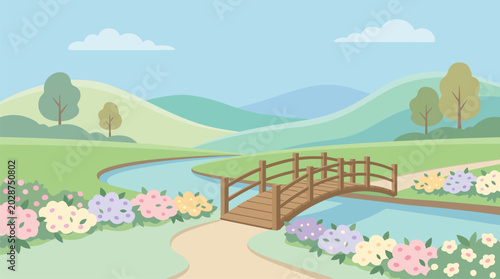 Bilde på lerret Picturesque landscape with a wooden bridge and flowers flat design landscape out