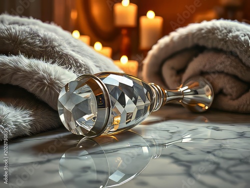 A luxurious crystal perfume bottle on a marble surface with towels and candles.
