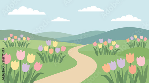 Canvas Print Tulip field landscape with rolling hills a winding path a blue sky with clouds l