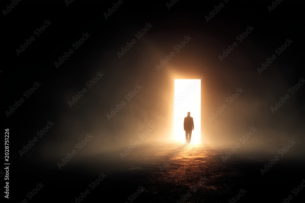 Naklejka premium A person walks toward a glowing doorway in a dark smoky space.