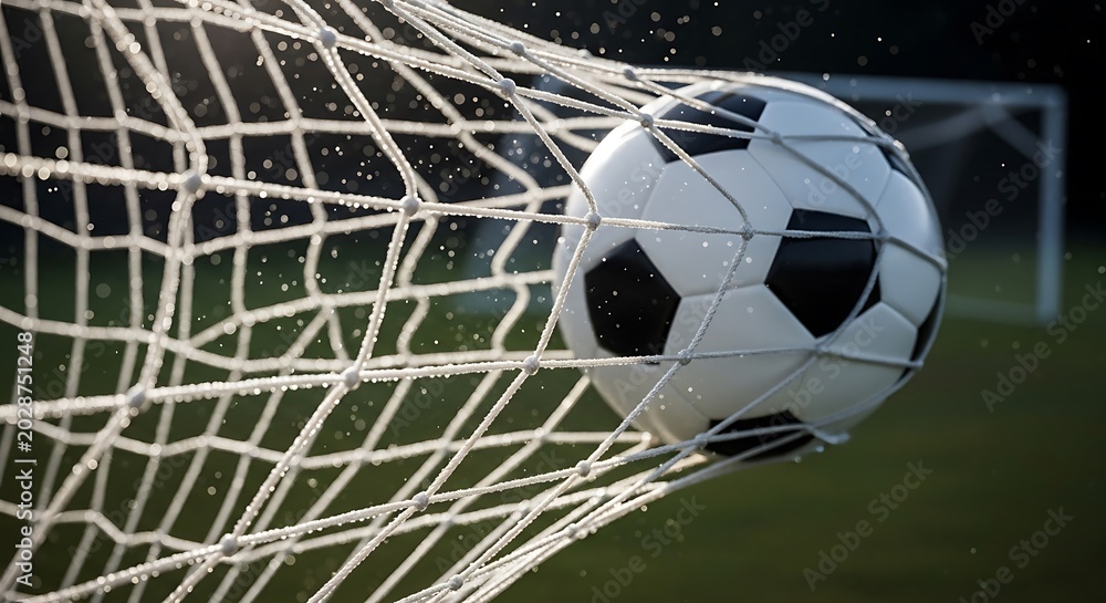 Naklejka premium Soccer ball hitting the goal net during a match
