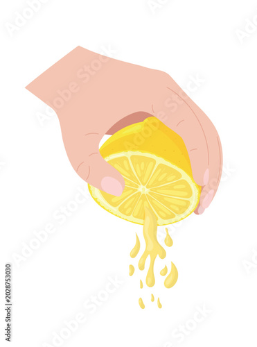 Hand squeezing fresh lemon slice vector illustration isolated on white background, citrus juice dripping from fruit in flat cartoon style design