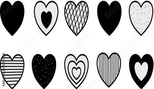 Set of decorative black and white doodle hearts, Valentine's Day vector design elements.
