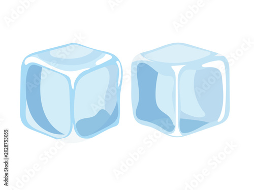 Blue ice cube vector illustration isolated on white background, transparent frozen water cube icon in flat cartoon style design for summer drinks and cooling concept