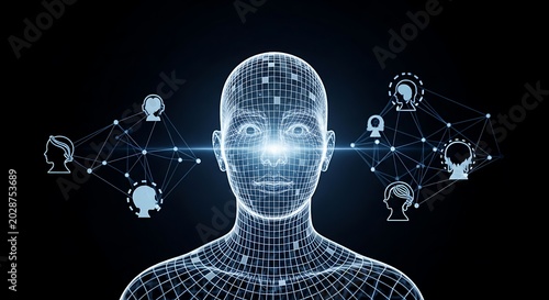 Glowing Digital Human Face Connected to Social Network Icons on Dark Technology Background