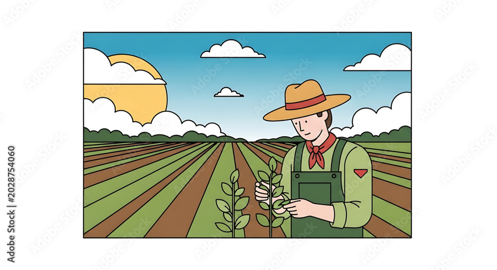 Naklejka premium Farmer inspecting crops in a field at sunset