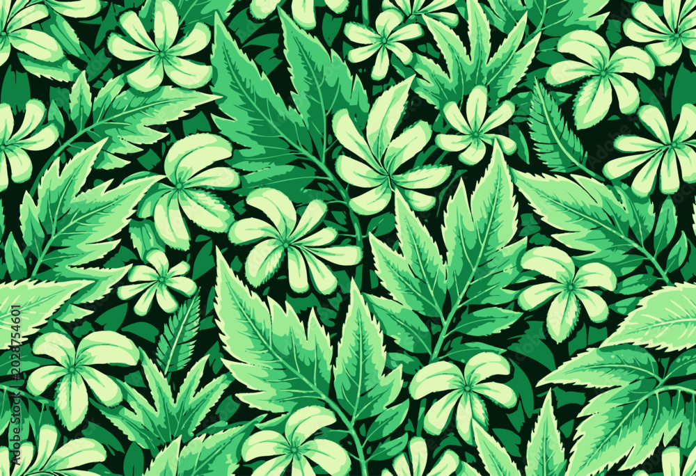 Fototapeta premium Vibrant Green Foliage Pattern with Tropical Leaves and Florals