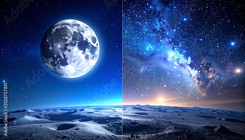 Glowing Full Moon Over Cratered Lunar Landscape Beneath Starry Galaxy Sky