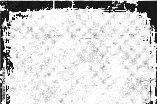 Distressed grunge texture frame with halftone pattern and weathered black border