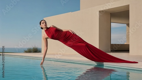 Elegant woman in a flowing red dress posing beside a modern pool, luxury architecture, minimalist fashion scene and contemporary aesthetic.