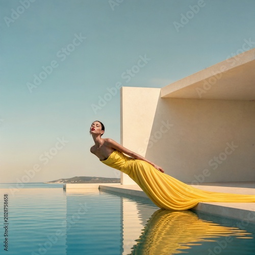 Elegant woman in a flowing yellow gown posing beside a modern pool, luxury architecture, minimalist fashion scene and contemporary aesthetic