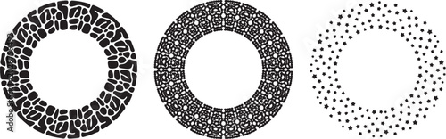Set of three circular frames with abstract geometric patterns and star shapes