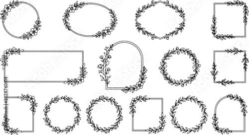 Set of hand drawn floral frames and wreaths