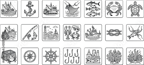 Foto Commercial fishing industry line art icon set containing seafood trawler boat anchor marine life crab lobster lighthouse icons