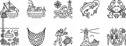 Tableau sur toile Commercial fishing marine ocean life line art icon set containing seafood boat trawler lighthouse cargo ship lobster crab submarine icons