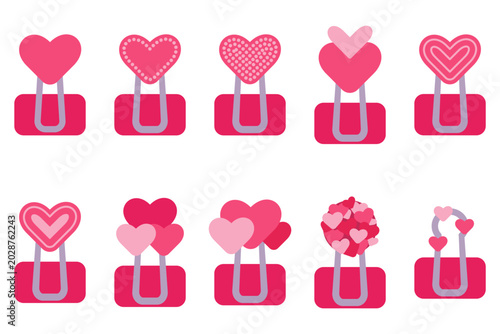 Pink heart binder clip set. Vector illustration.