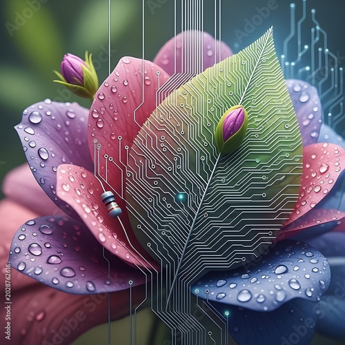 Futuristic Digital Flower with Circuit Leaf and Dew Drops in Nature