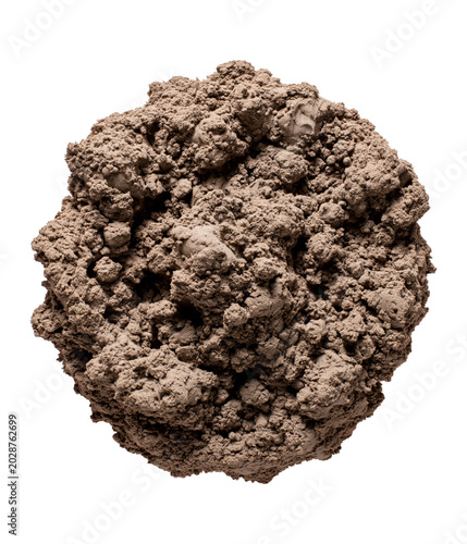 Loose dry clod of earth with rough texture, an irregular lump of brown soil directly from above, isolated on a transparent background, depicting a natural element