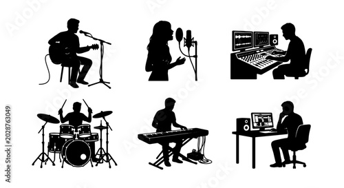 Konstfotografi Music Production Silhouettes: Singer, Guitarist, Drummer, Keyboardist, DJ, Sound