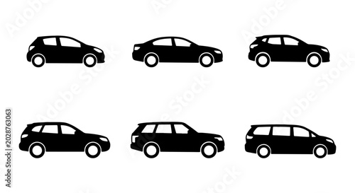 Tableau sur toile Set of 6 Black Car Silhouettes, Diverse Vehicle Types, Automotive Icons for Tran