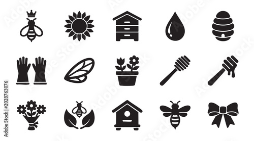 Collection of black icons related to beekeeping gardening and nature including bees flowers honey and gardening tools on white background