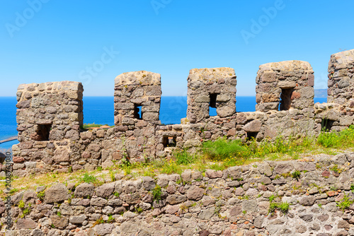 Canvastavla Ancient Stone Battlements of Molyvos Castle Overlooking the Deep Blue Sea