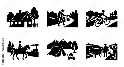 Foto Outdoor Activity Icons: Camping, Hiking, Biking, Horse Riding, Farming, Rural Ho
