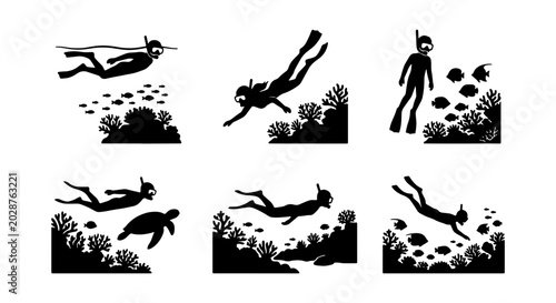 Bilde på lerret Snorkeling Silhouettes, Underwater Coral Reef Scenes, Diverse Marine Life Vector