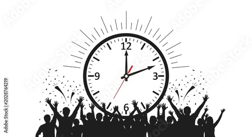 Photos Celebration of time passing with a large clock and excited crowd of people raisi