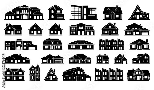 Decorative house silhouettes vector illustration residential building collection isolated on white
