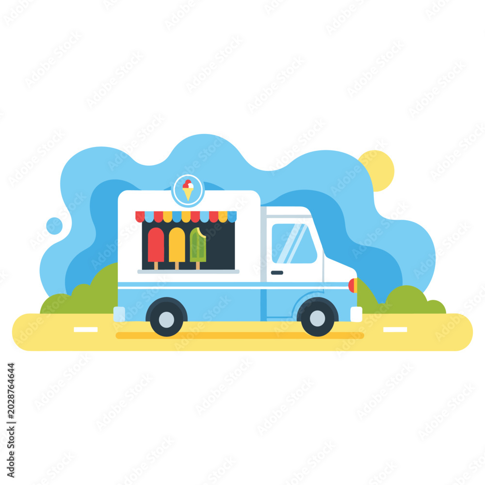 Naklejka premium Cute Ice Cream Food Truck Flat Vector Illustration Isolated on White