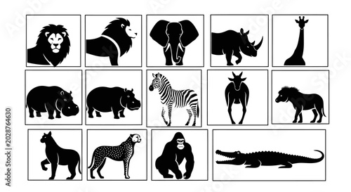 Canvas Print Collection of black silhouette animal icons featuring lions tigers elephants rhi