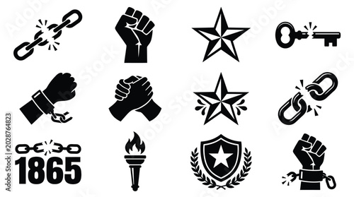 Quadro su tela Juneteenth icons set freedom symbols black silhouette graphics on white backgrou
