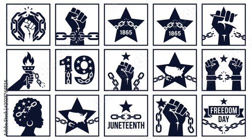 Photos Juneteenth icons set freedom symbols black and white graphics 1865 emancipation