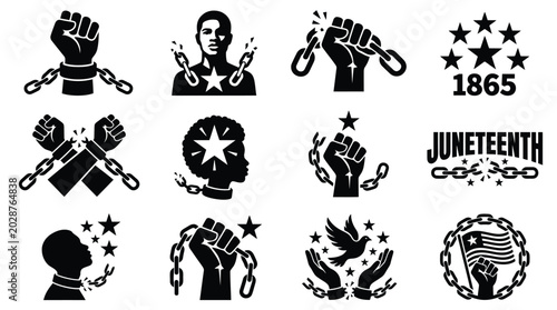 Photos Juneteenth icons set black silhouettes on white background freedom and emancipat