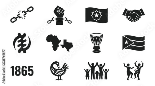 Juneteenth celebration icons set with freedom symbols and cultural elements