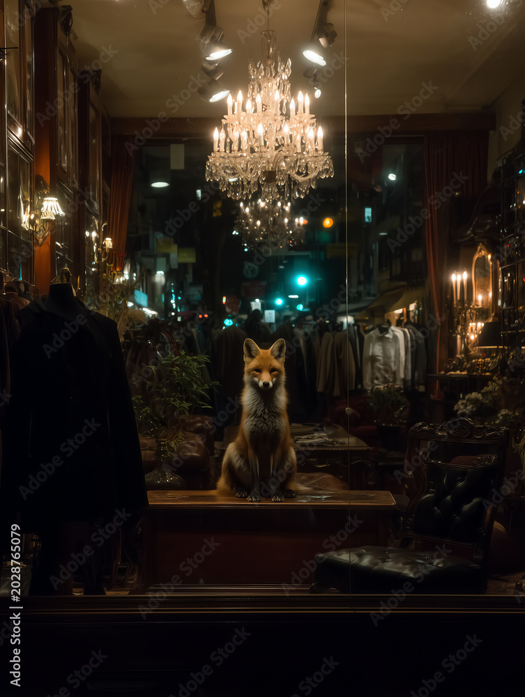 Obraz premium Red fox sitting on a wooden table in a dim antique shop window beneath a glittering crystal chandelier with coats and lamps in the background