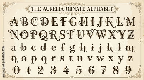 Aurelia Ornate Alphabet Vintage Decorative Typography Set with Uppercase, Lowercase Letters, and Numbers