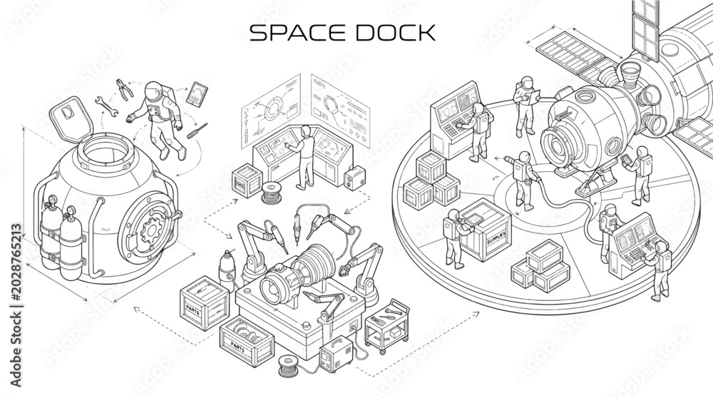 Obraz premium SPACE DOCK PLAN CAD Architectural Lines Designs, Editable Vector Stroke Illustrations. containing astronaut, space, station, docking, satellite, maintenance, repair, technology and more CAD designs.