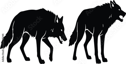 Konstfotografi Black wolf silhouette collection featuring aggressive wild canine poses isolated
