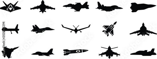 Foto Military Fighter Jet Airplane Silhouette Set Collection Group, Combat Aircraft F