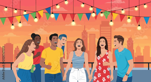 Diverse Group of Friends Enjoying a Lively Rooftop Party.
