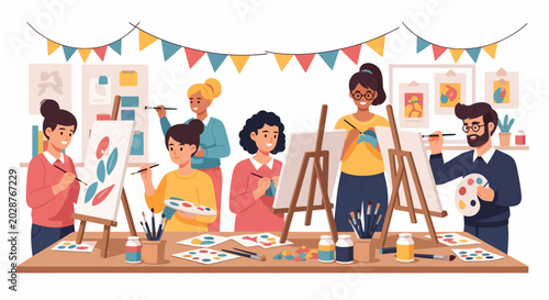 Group of diverse people painting together in an art class.